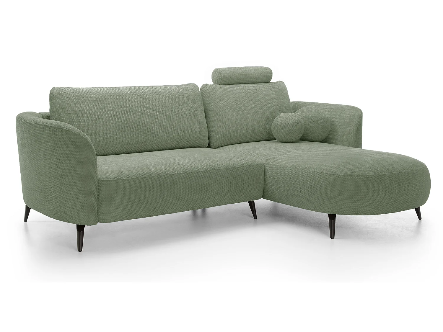 Canapé d'angle convertible 260 cm Kendra sur pieds de 15 cm, coffre de rangement, poufs boules, droite, Vert