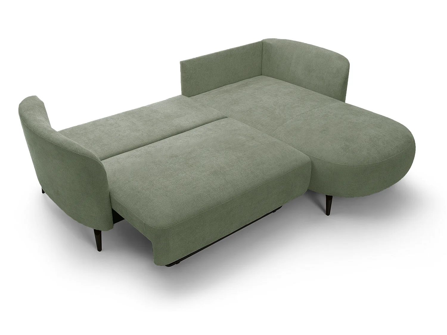 Canapé d'angle convertible 260 cm Kendra sur pieds de 15 cm, coffre de rangement, poufs boules, droite, Vert