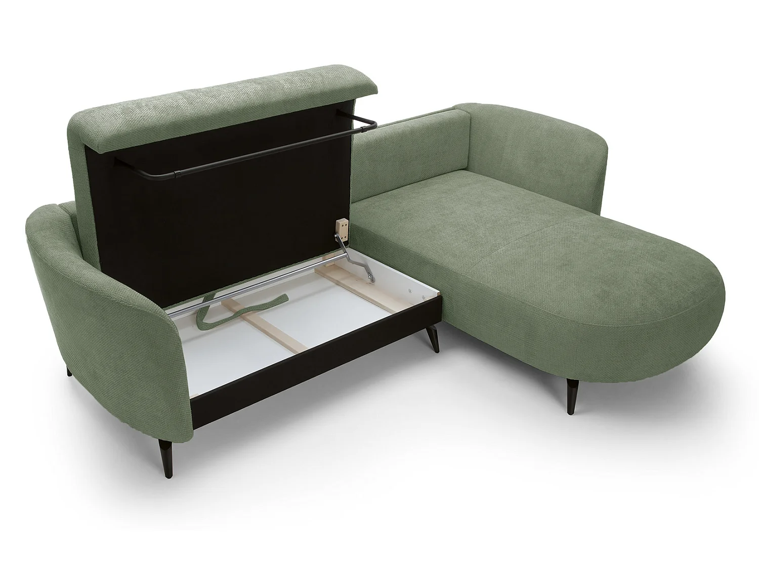 Canapé d'angle convertible 260 cm Kendra sur pieds de 15 cm, coffre de rangement, poufs boules, droite, Vert