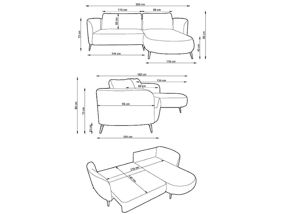 Canapé d'angle convertible 260 cm Kendra sur pieds de 15 cm, coffre de rangement, poufs boules, droite, Vert