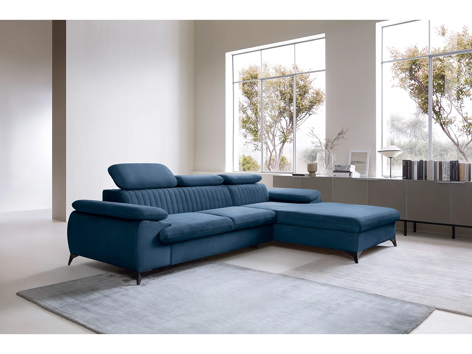 Canapé d'angle avec appuie-têtes réglables Xanto M, 280x193 cm, convertible, coffre de rangement, droite, Bleu