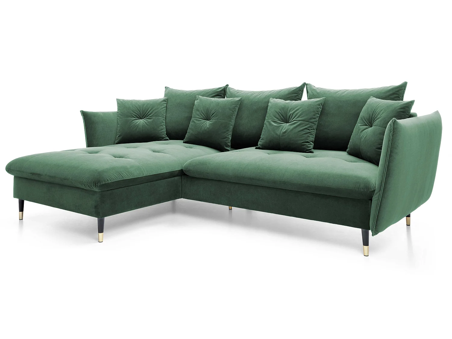 Hoekbank 258x167 cm Sagir op hoge poten, links, slaapfunctie en opbergruimte, Groen