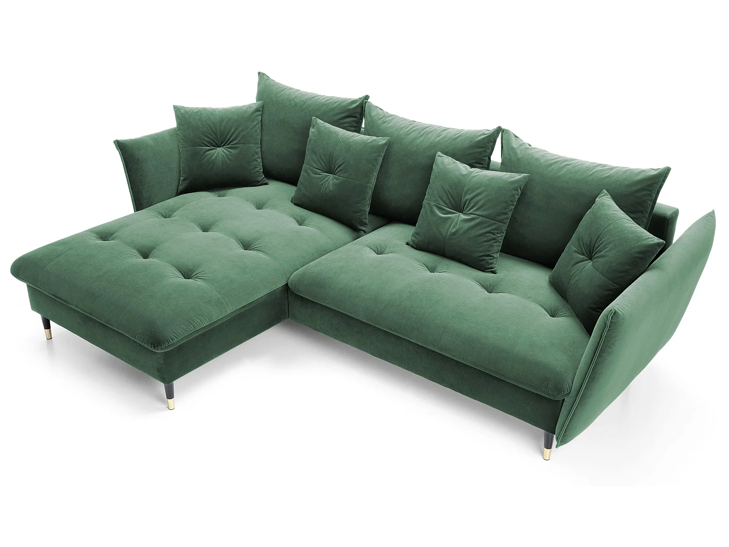 Hoekbank 258x167 cm Sagir op hoge poten, links, slaapfunctie en opbergruimte, Groen