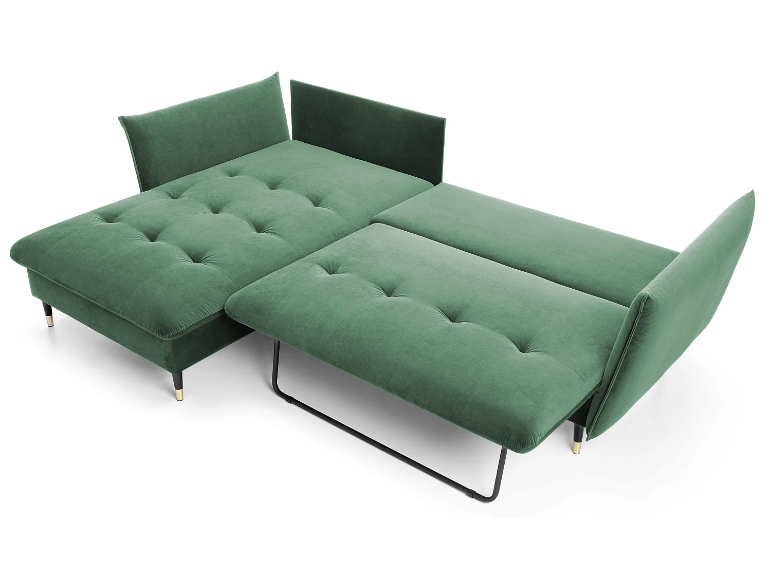 Hoekbank 258x167 cm Sagir op hoge poten, links, slaapfunctie en opbergruimte, Groen