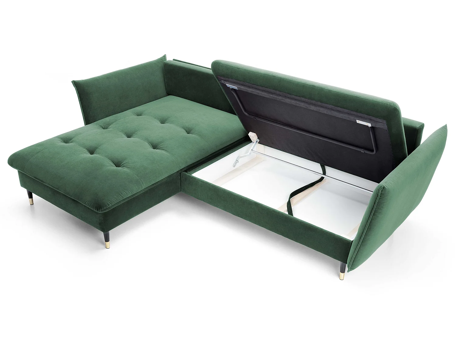 Hoekbank 258x167 cm Sagir op hoge poten, links, slaapfunctie en opbergruimte, Groen