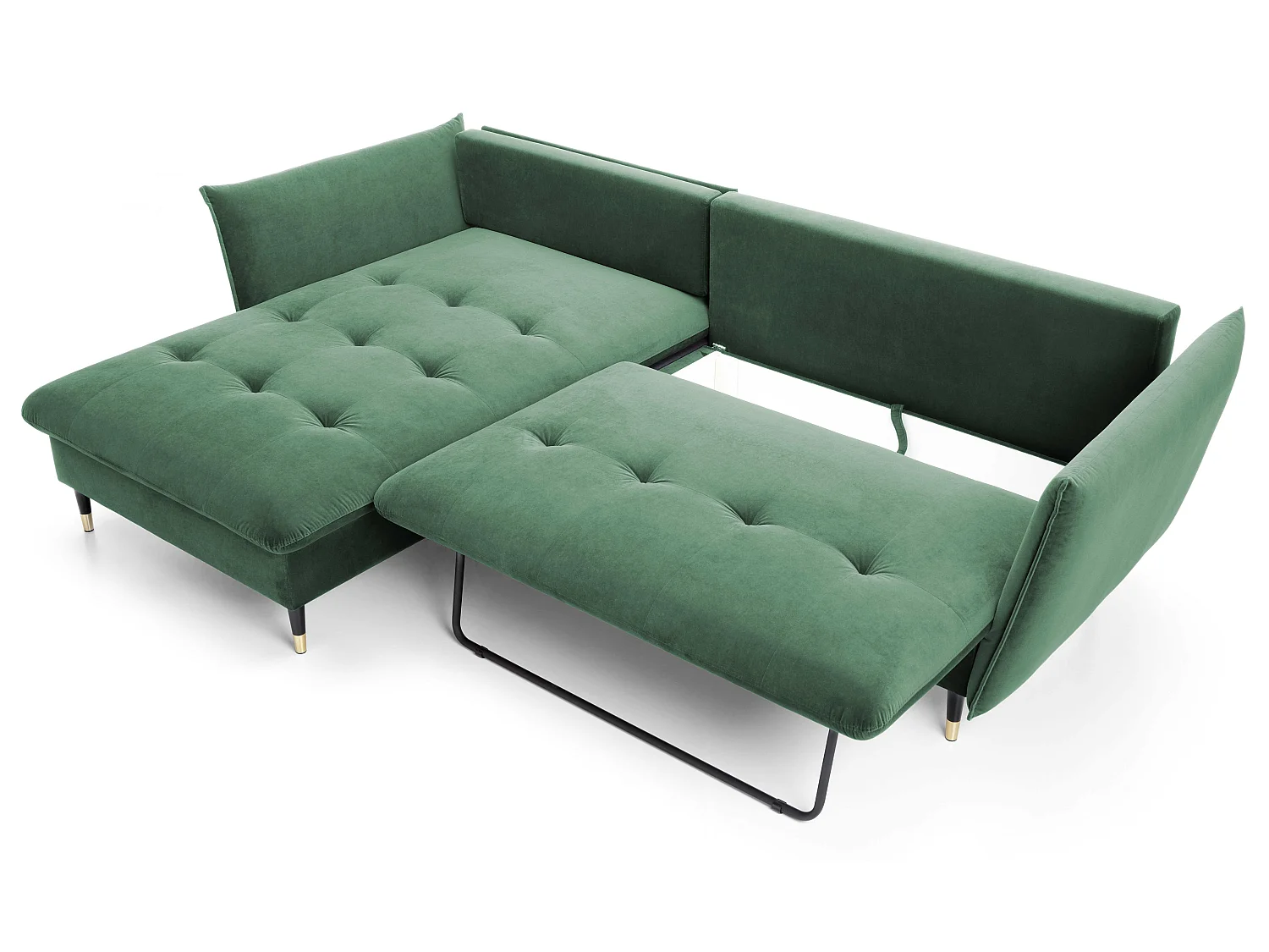 Hoekbank 258x167 cm Sagir op hoge poten, links, slaapfunctie en opbergruimte, Groen