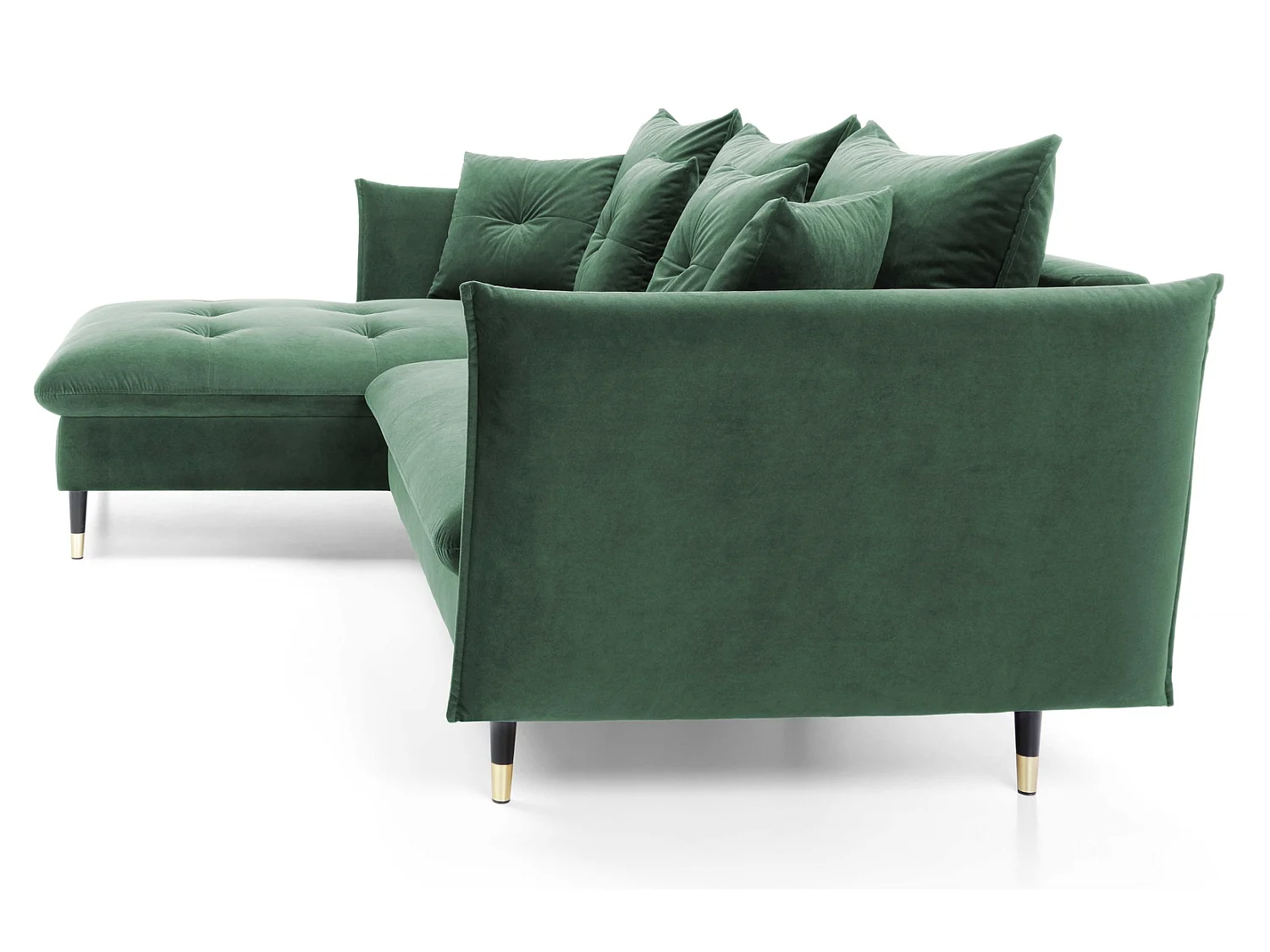 Hoekbank 258x167 cm Sagir op hoge poten, links, slaapfunctie en opbergruimte, Groen