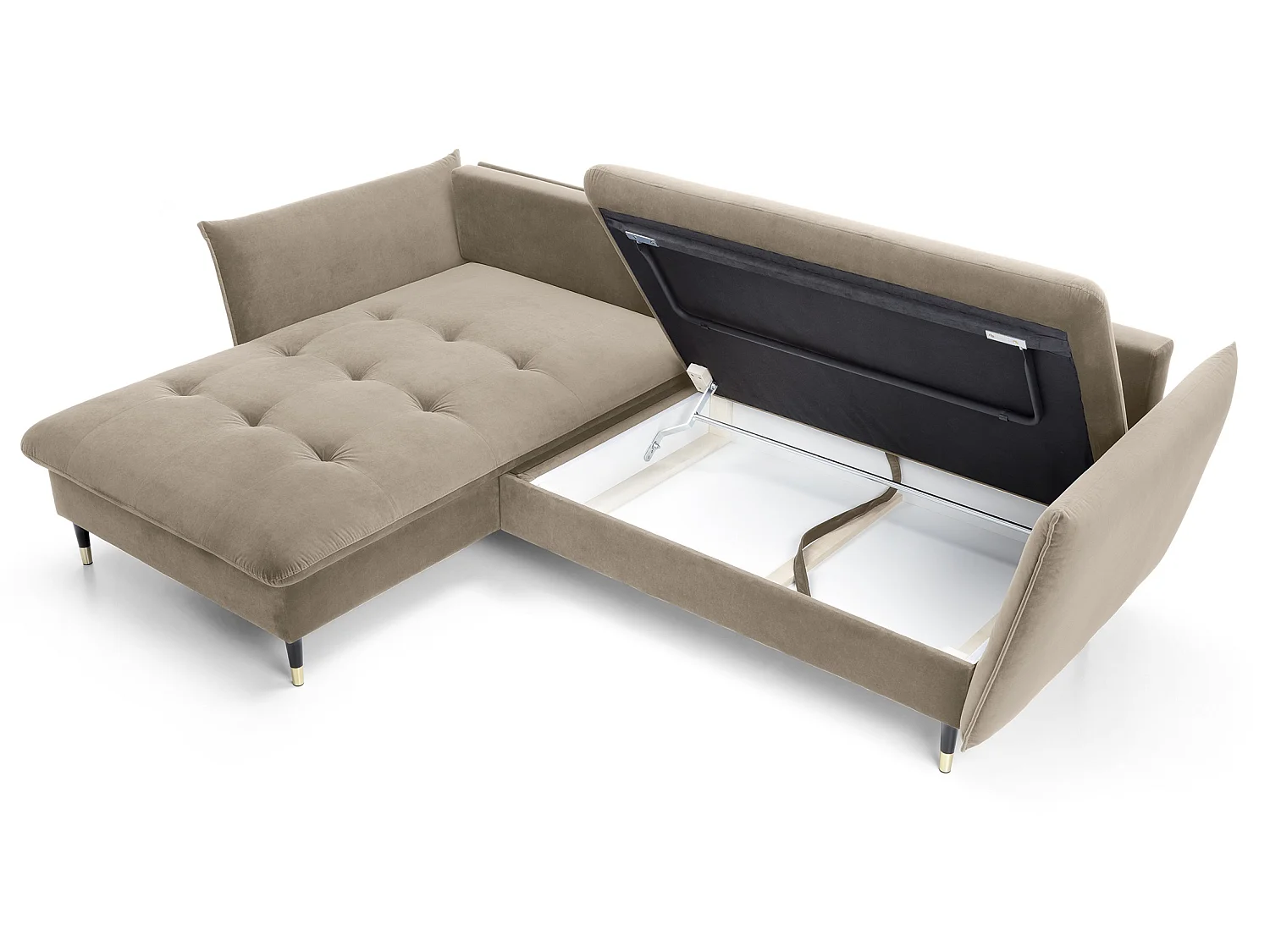 Canapé d’angle convertible 258x167 cm Sagir sur pieds hauts, angle à gauche, coffre de rangement, Marron