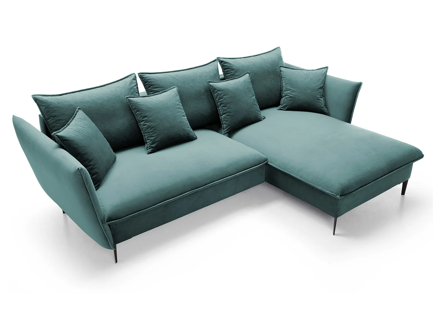 Hoekbank met slaapfunctie 260 cm Flavio, op hoge poten, fluweelzachte stof, opbergruimte, rechts, Turquoise