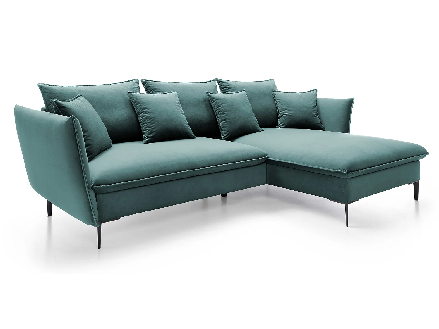 Hoekbank met slaapfunctie 260 cm Flavio, op hoge poten, fluweelzachte stof, opbergruimte, rechts, Turquoise