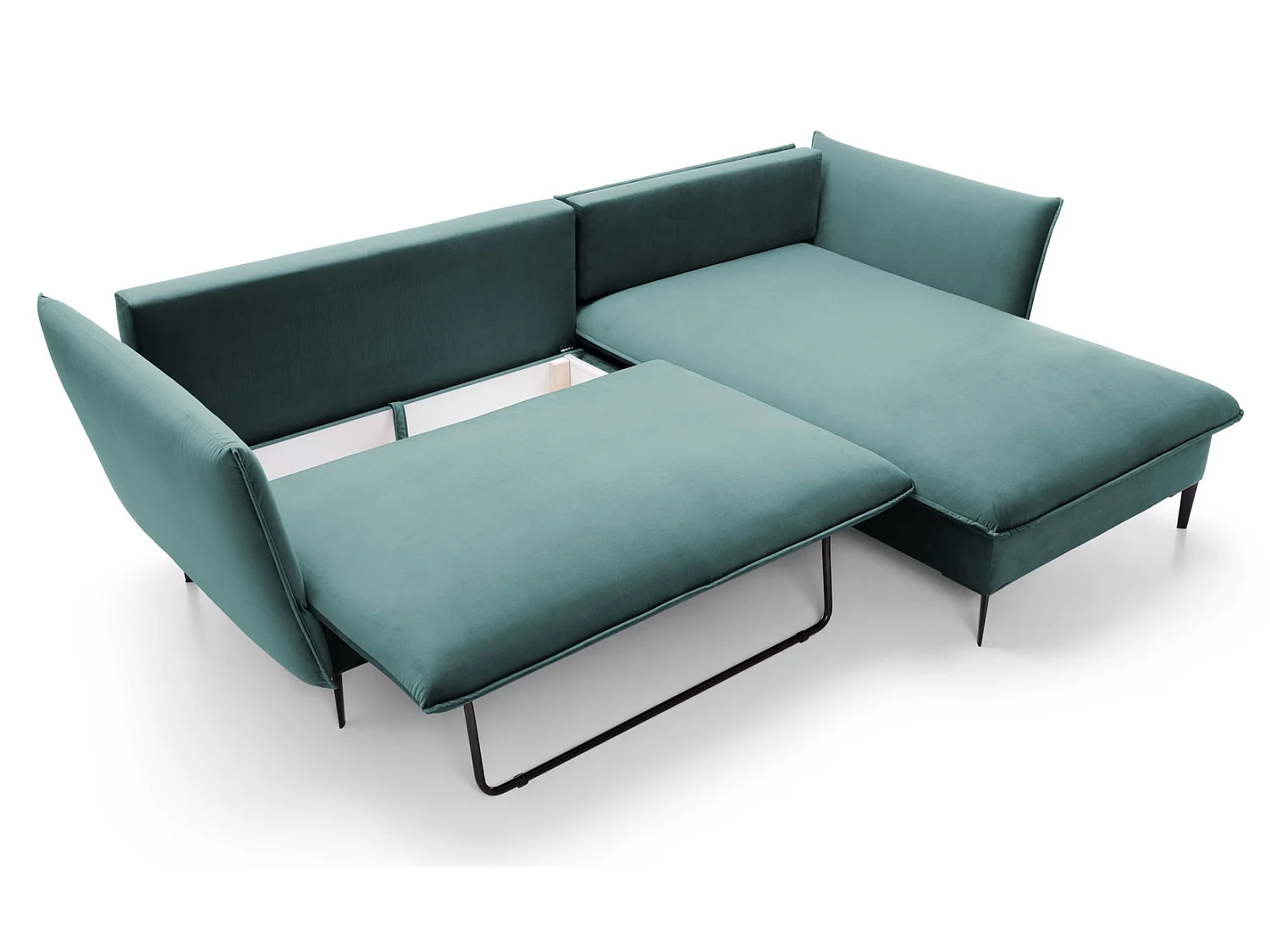 Hoekbank met slaapfunctie 260 cm Flavio, op hoge poten, fluweelzachte stof, opbergruimte, rechts, Turquoise