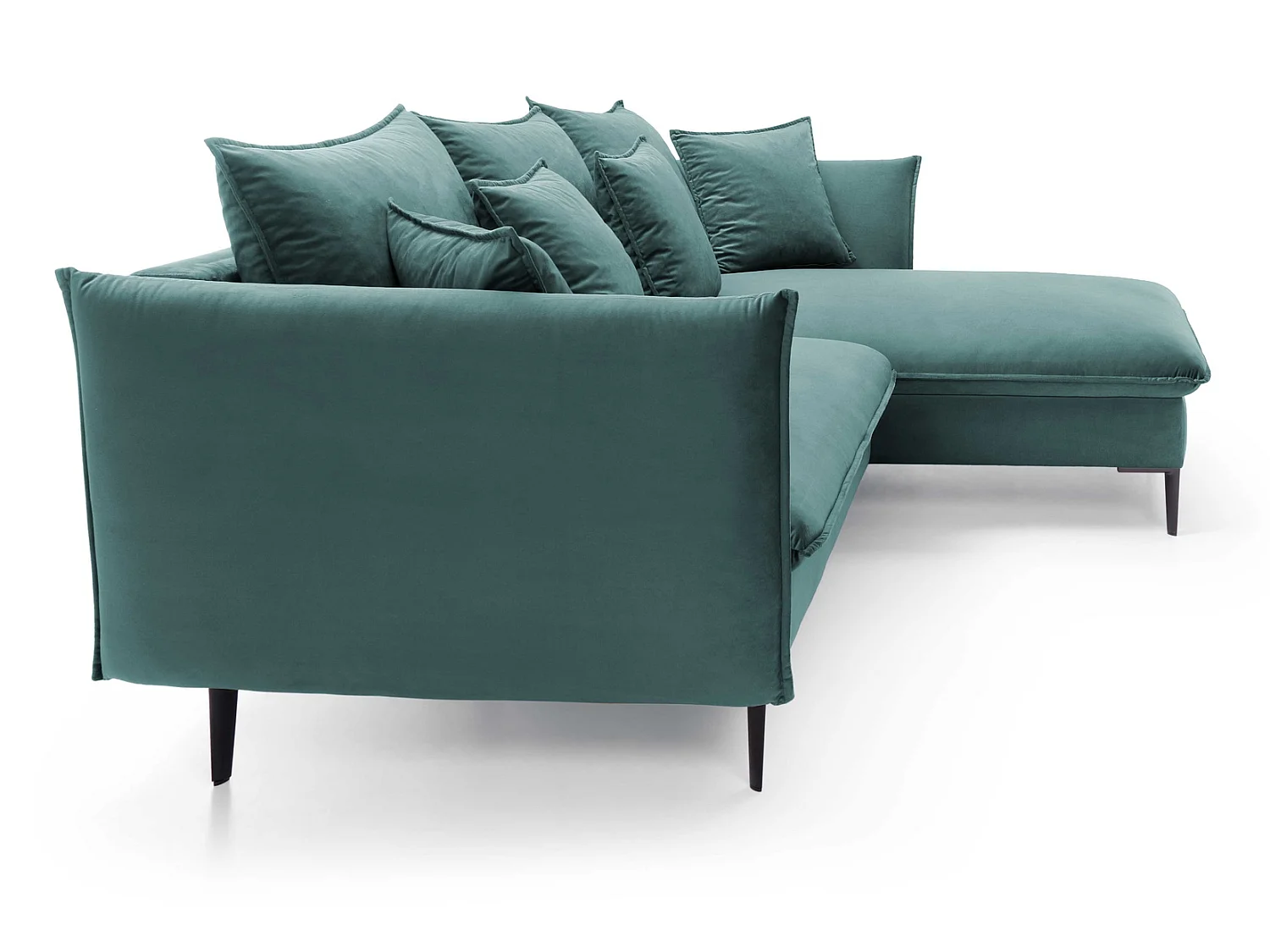 Hoekbank met slaapfunctie 260 cm Flavio, op hoge poten, fluweelzachte stof, opbergruimte, rechts, Turquoise
