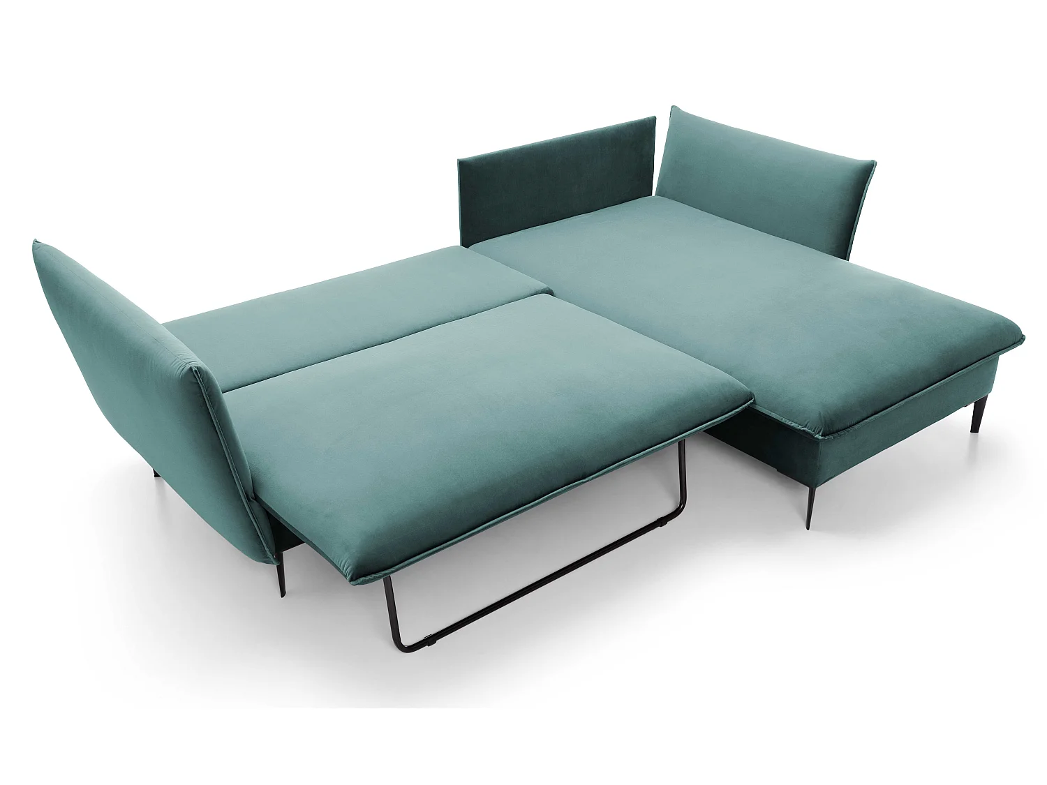 Hoekbank met slaapfunctie 260 cm Flavio, op hoge poten, fluweelzachte stof, opbergruimte, rechts, Turquoise