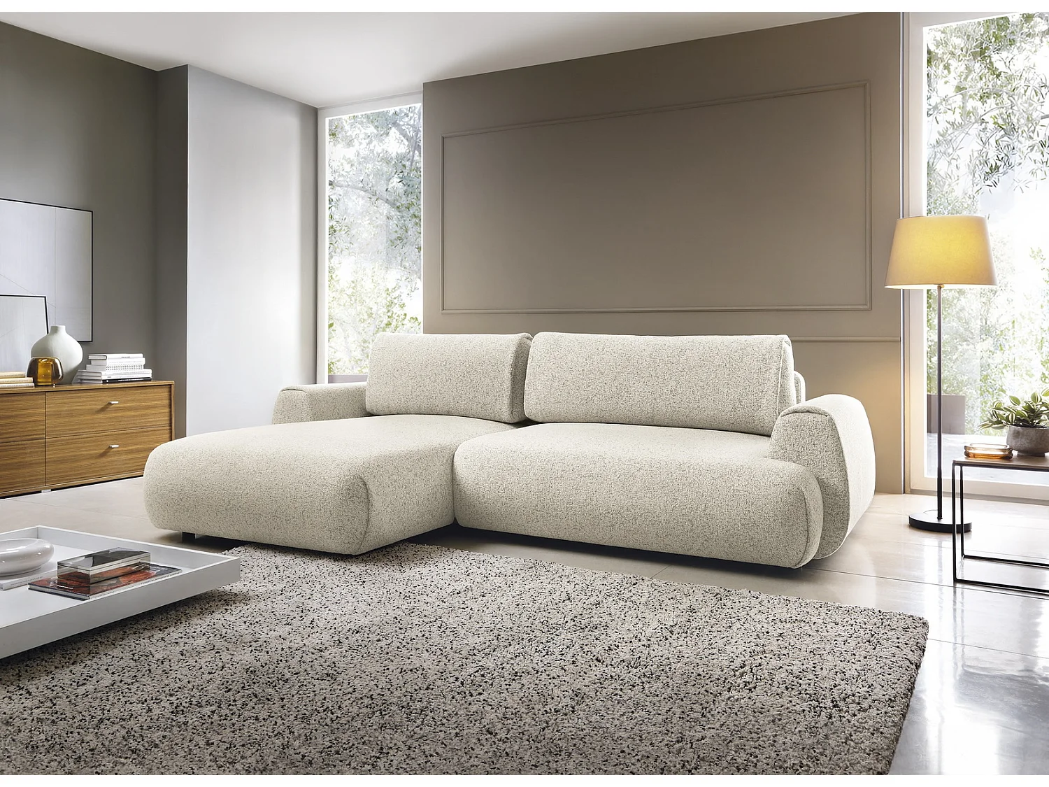 Hoekbank met opbergruimte 270 cm Ralto, moderne stijl, slaapfunctie, 5-zits, links, Crème