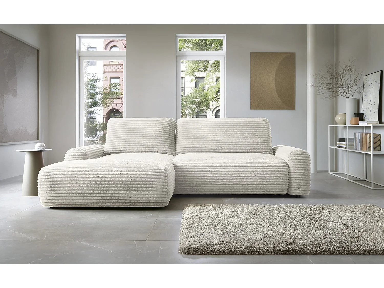 Canapé d'angle convertible 260 cm Cantara, tissu en velours côtelé, coffre de rangement, gauche, Crème