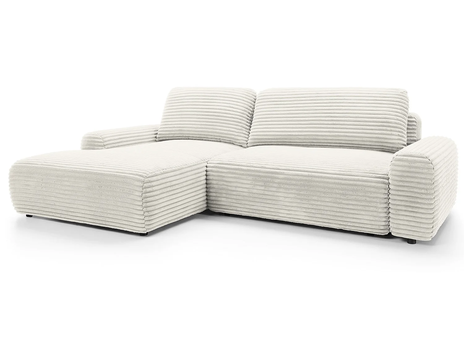Canapé d'angle convertible 260 cm Cantara, tissu en velours côtelé, coffre de rangement, gauche, Crème