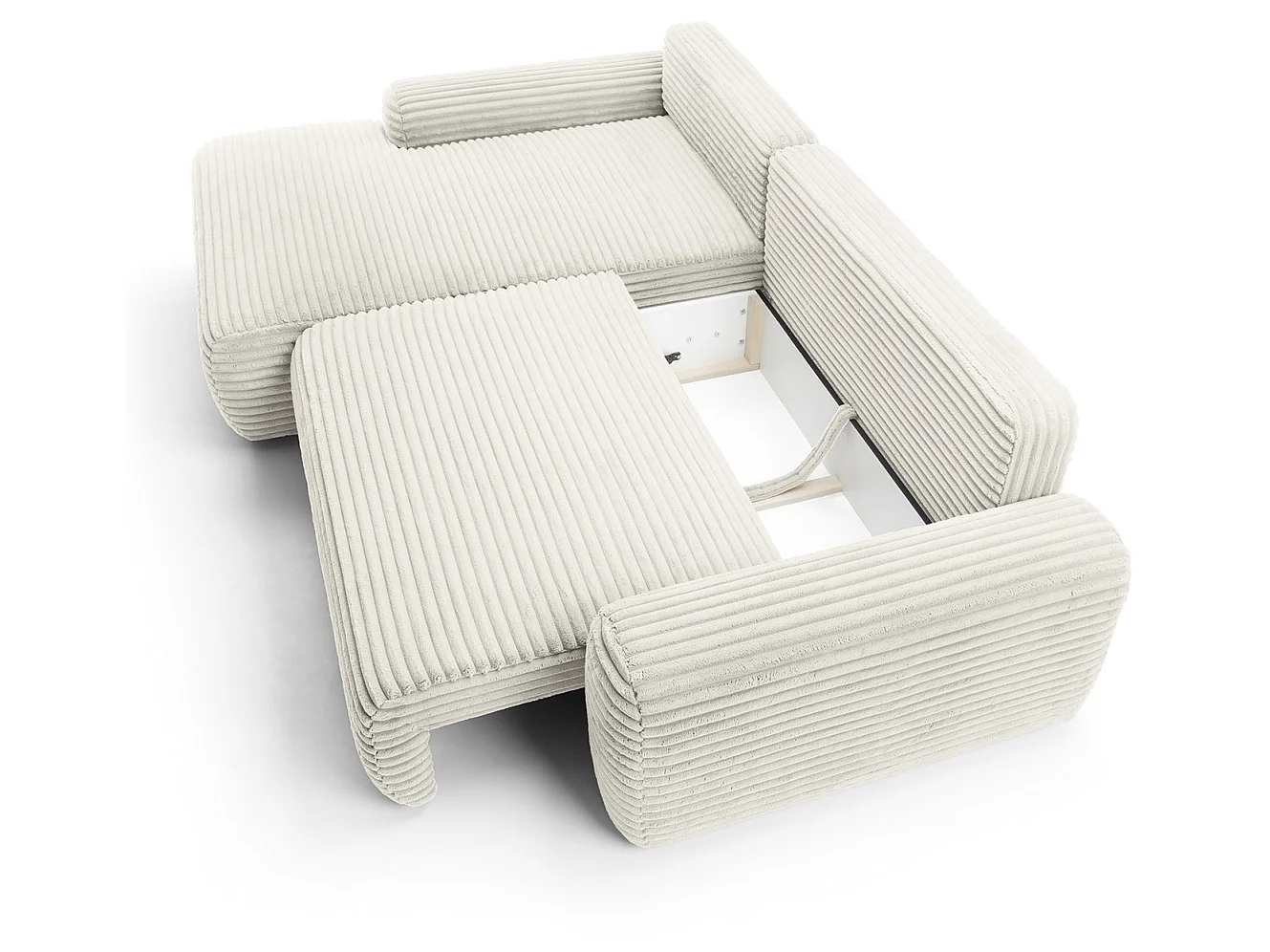 Canapé d'angle convertible 260 cm Cantara, tissu en velours côtelé, coffre de rangement, gauche, Crème