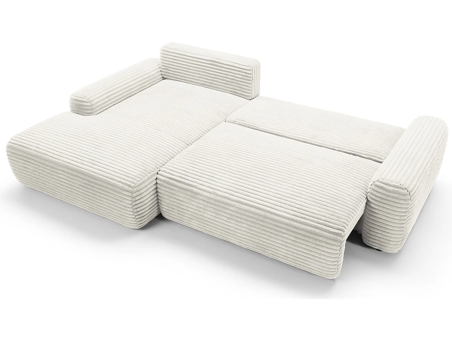 Canapé d'angle convertible 260 cm Cantara, tissu en velours côtelé, coffre de rangement, gauche, Crème