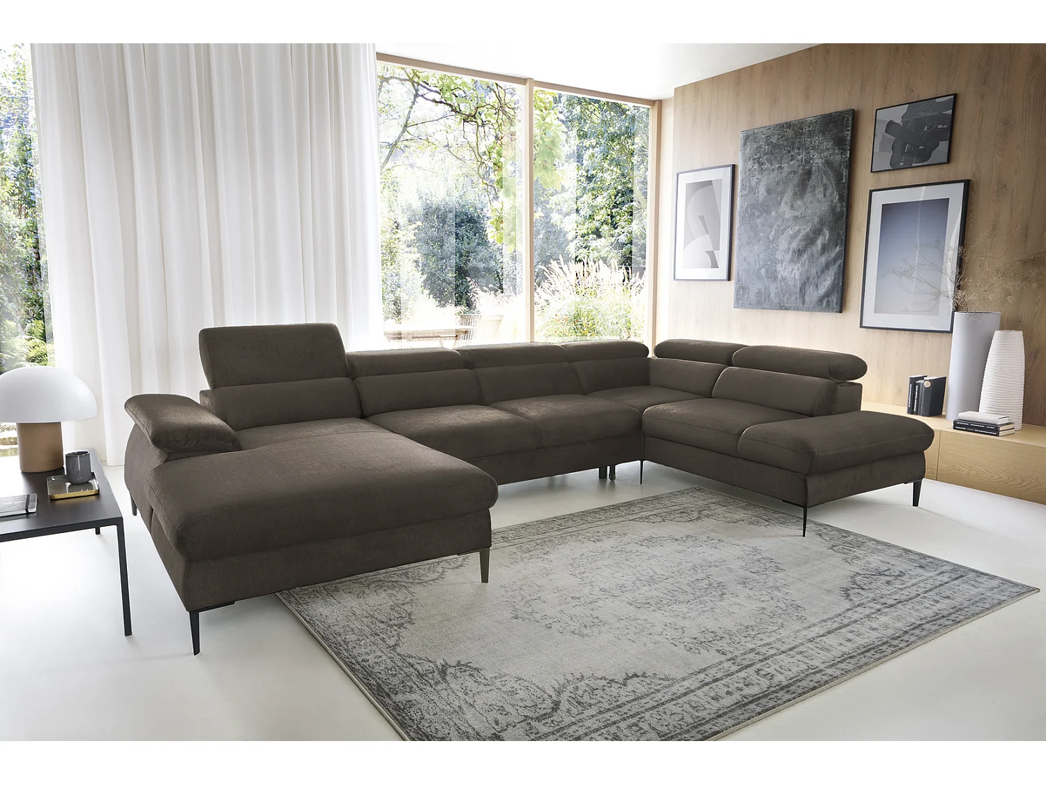 Canapé d'angle en U convertible 350 cm Amaro, tissu velours, têtières réglables - coffre, gauche, Marron