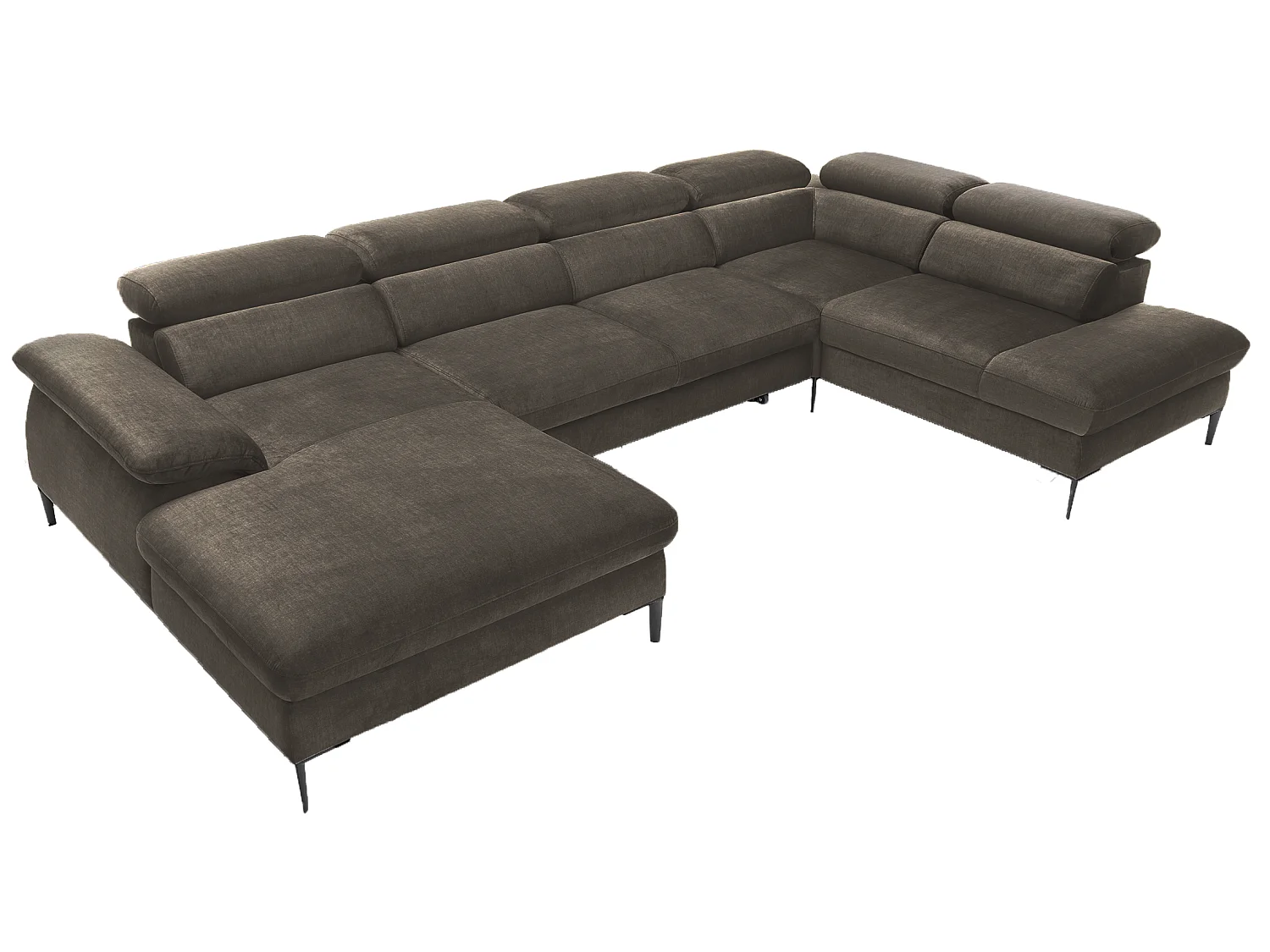 Canapé d'angle en U convertible 350 cm Amaro, tissu velours, têtières réglables - coffre, gauche, Marron