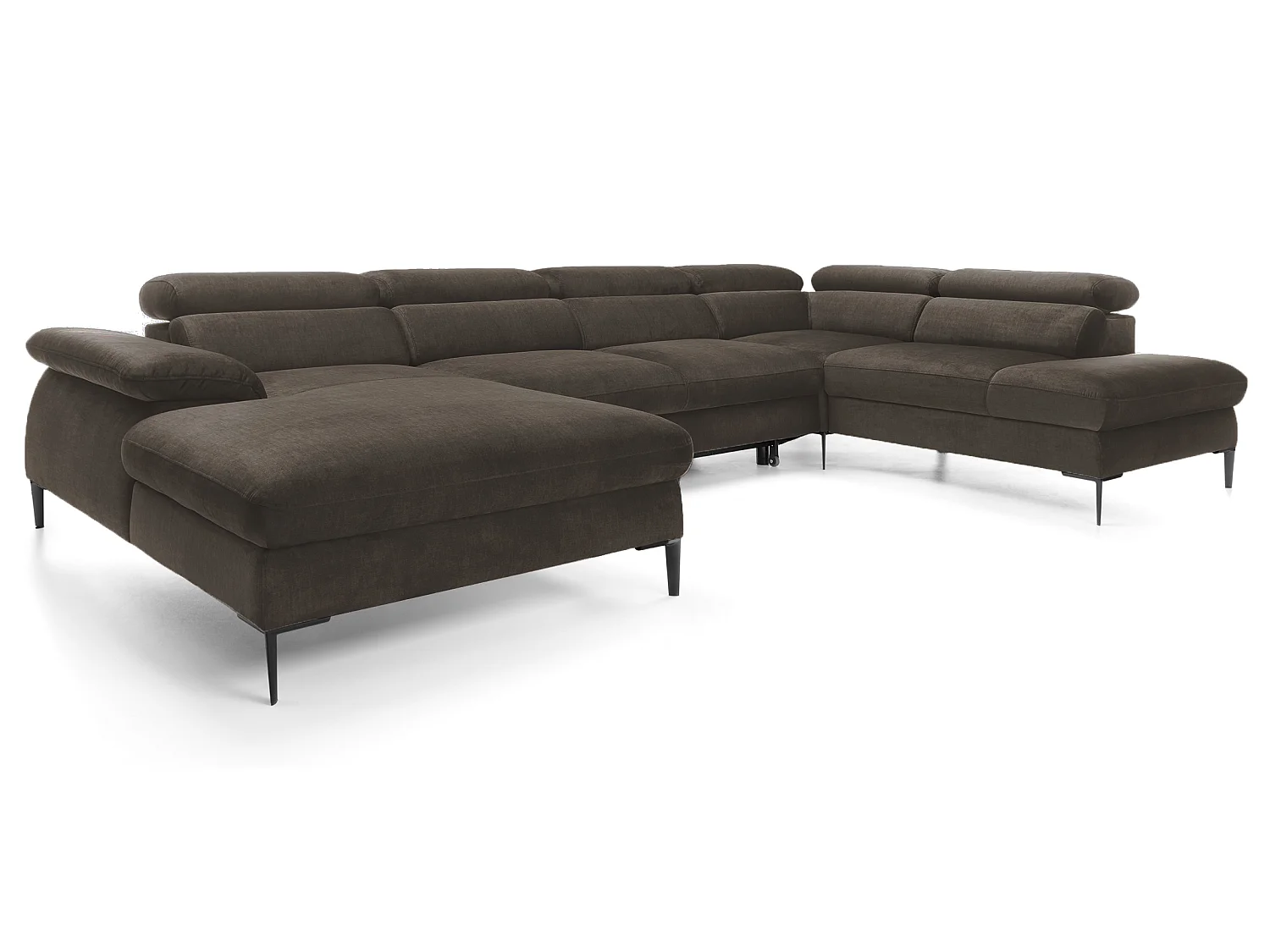 Canapé d'angle en U convertible 350 cm Amaro, tissu velours, têtières réglables - coffre, gauche, Marron