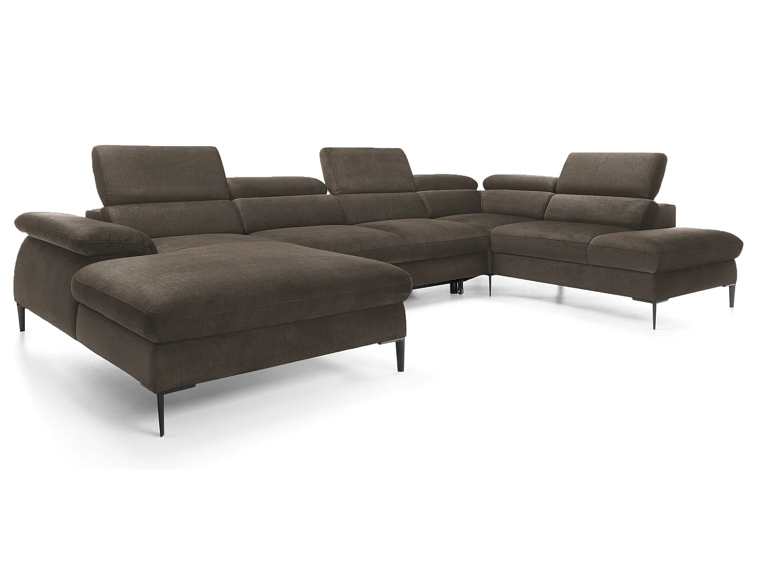 Canapé d'angle en U convertible 350 cm Amaro, tissu velours, têtières réglables - coffre, gauche, Marron