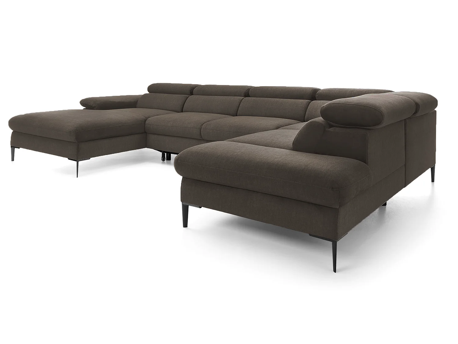 Canapé d'angle en U convertible 350 cm Amaro, tissu velours, têtières réglables - coffre, gauche, Marron