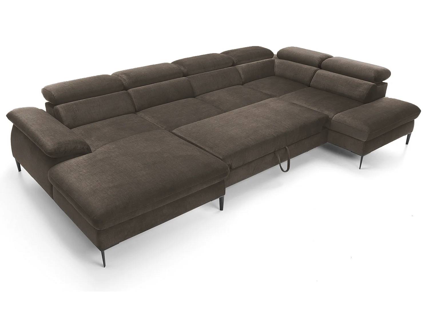 Canapé d'angle en U convertible 350 cm Amaro, tissu velours, têtières réglables - coffre, gauche, Marron