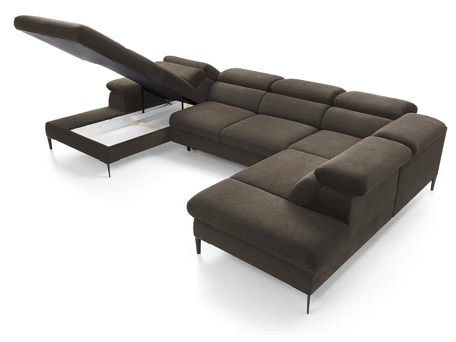 Canapé d'angle en U convertible 350 cm Amaro, tissu velours, têtières réglables - coffre, gauche, Marron