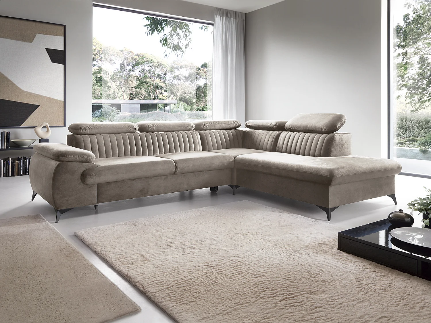 Hoekbank 275x221 cm Xanto L, verstelbare hoofdsteunen, slaapfunctie en opbergruimte, rechts, Lichtbruin