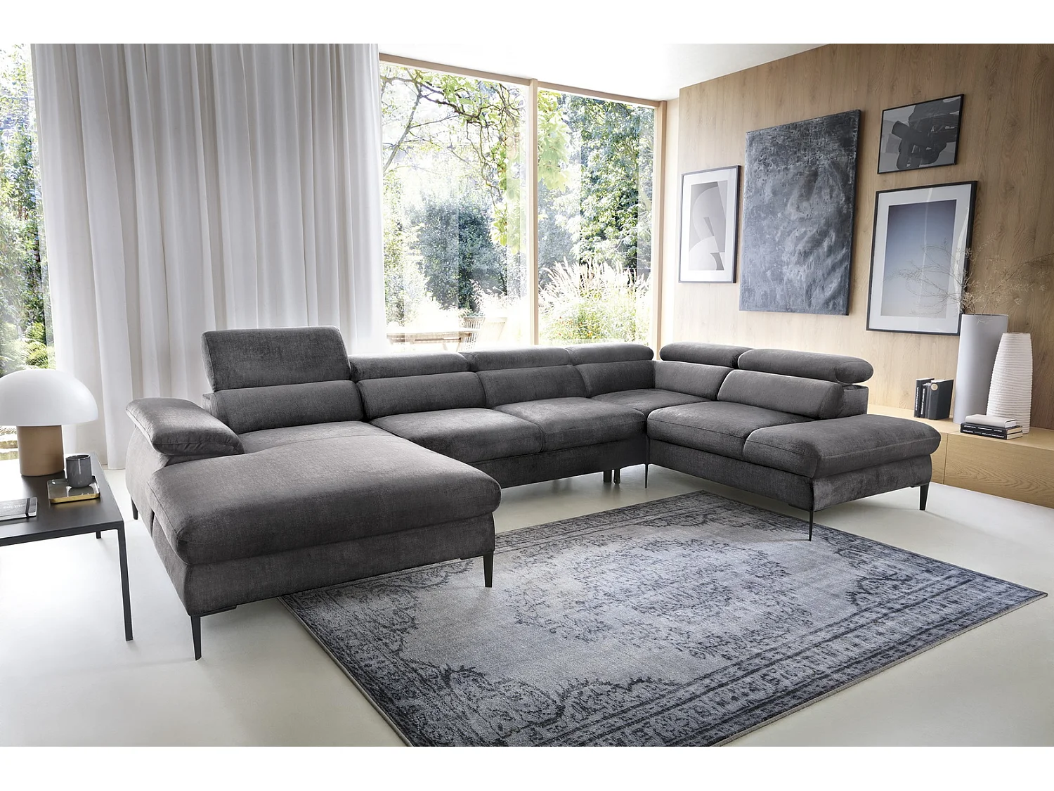 Canapé d'angle en U convertible 350 cm Amaro, tissu velours, têtières réglables - coffre, gauche, Gris