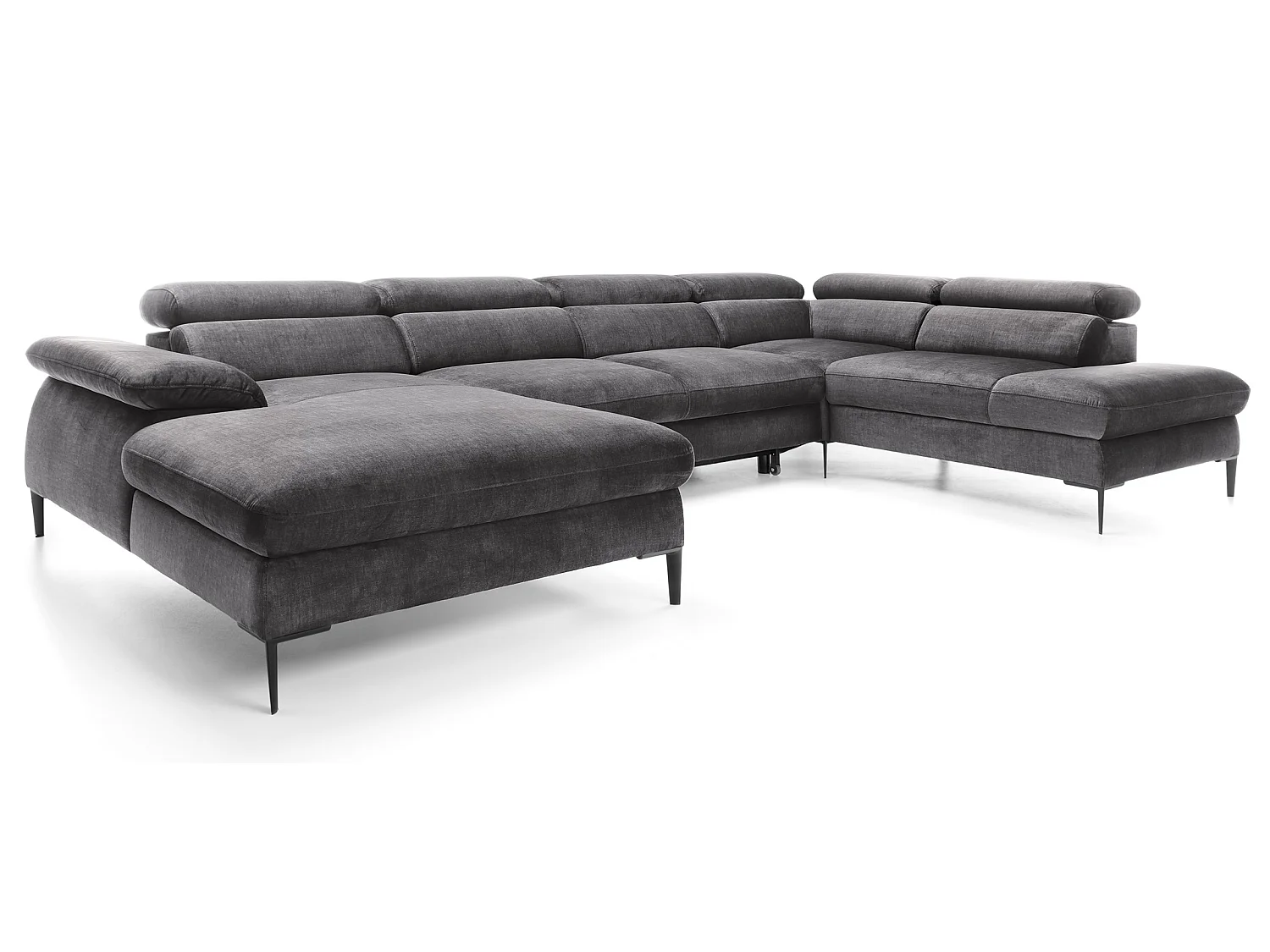 Canapé d'angle en U convertible 350 cm Amaro, tissu velours, têtières réglables - coffre, gauche, Gris