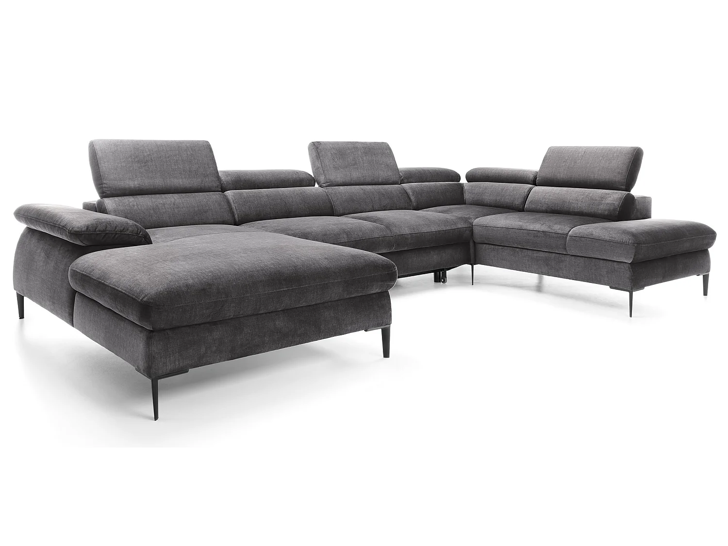 Canapé d'angle en U convertible 350 cm Amaro, tissu velours, têtières réglables - coffre, gauche, Gris