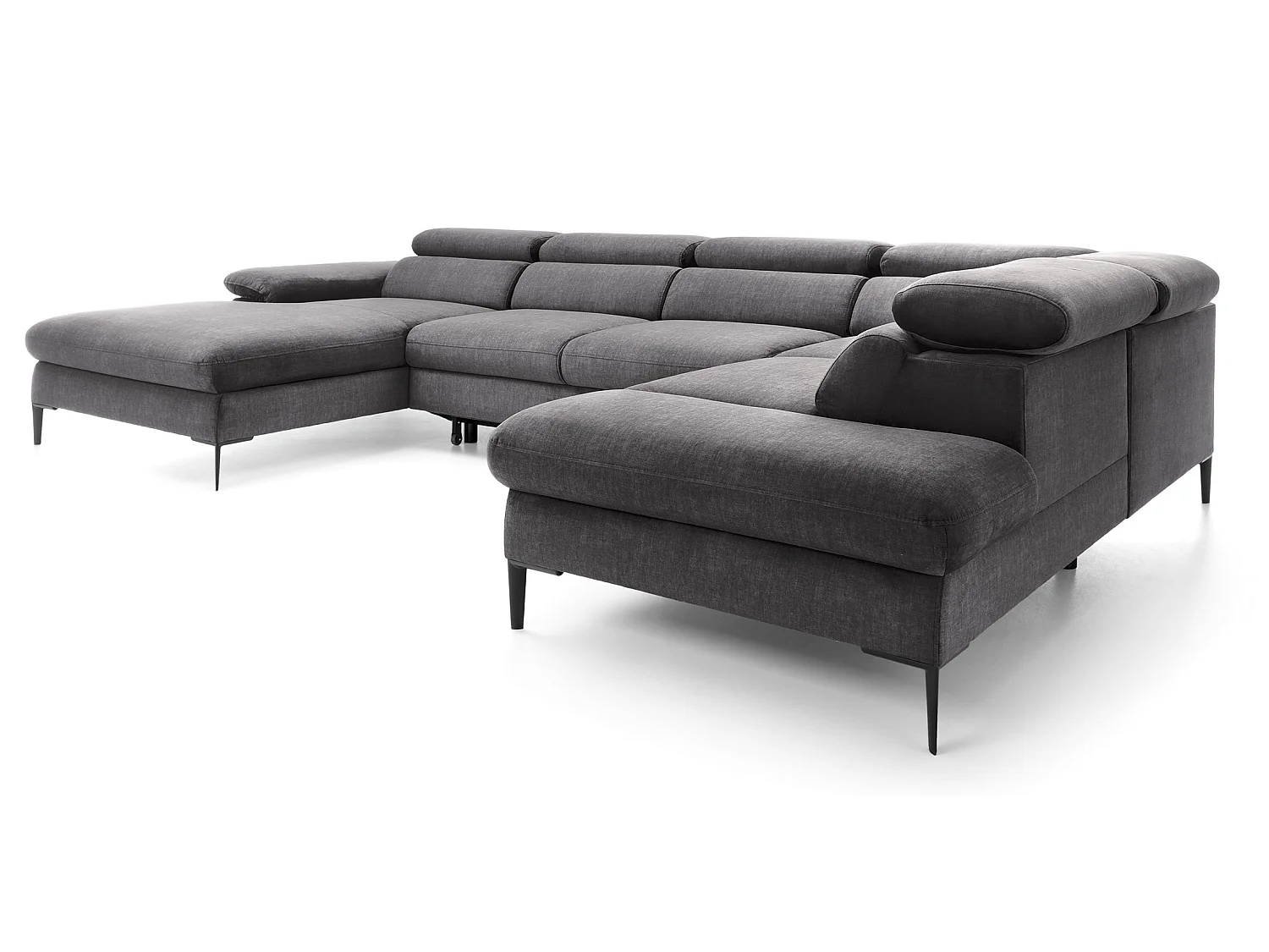 Canapé d'angle en U convertible 350 cm Amaro, tissu velours, têtières réglables - coffre, gauche, Gris