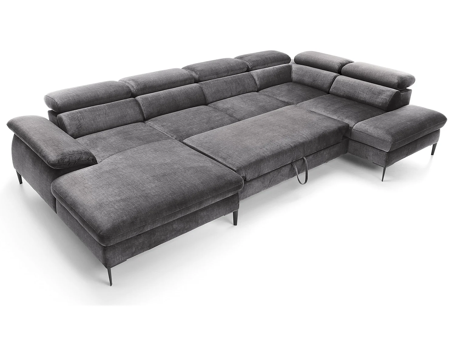 Canapé d'angle en U convertible 350 cm Amaro, tissu velours, têtières réglables - coffre, gauche, Gris