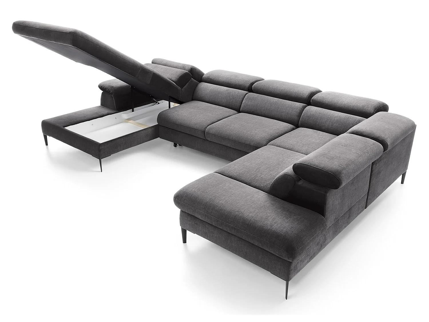 Canapé d'angle en U convertible 350 cm Amaro, tissu velours, têtières réglables - coffre, gauche, Gris