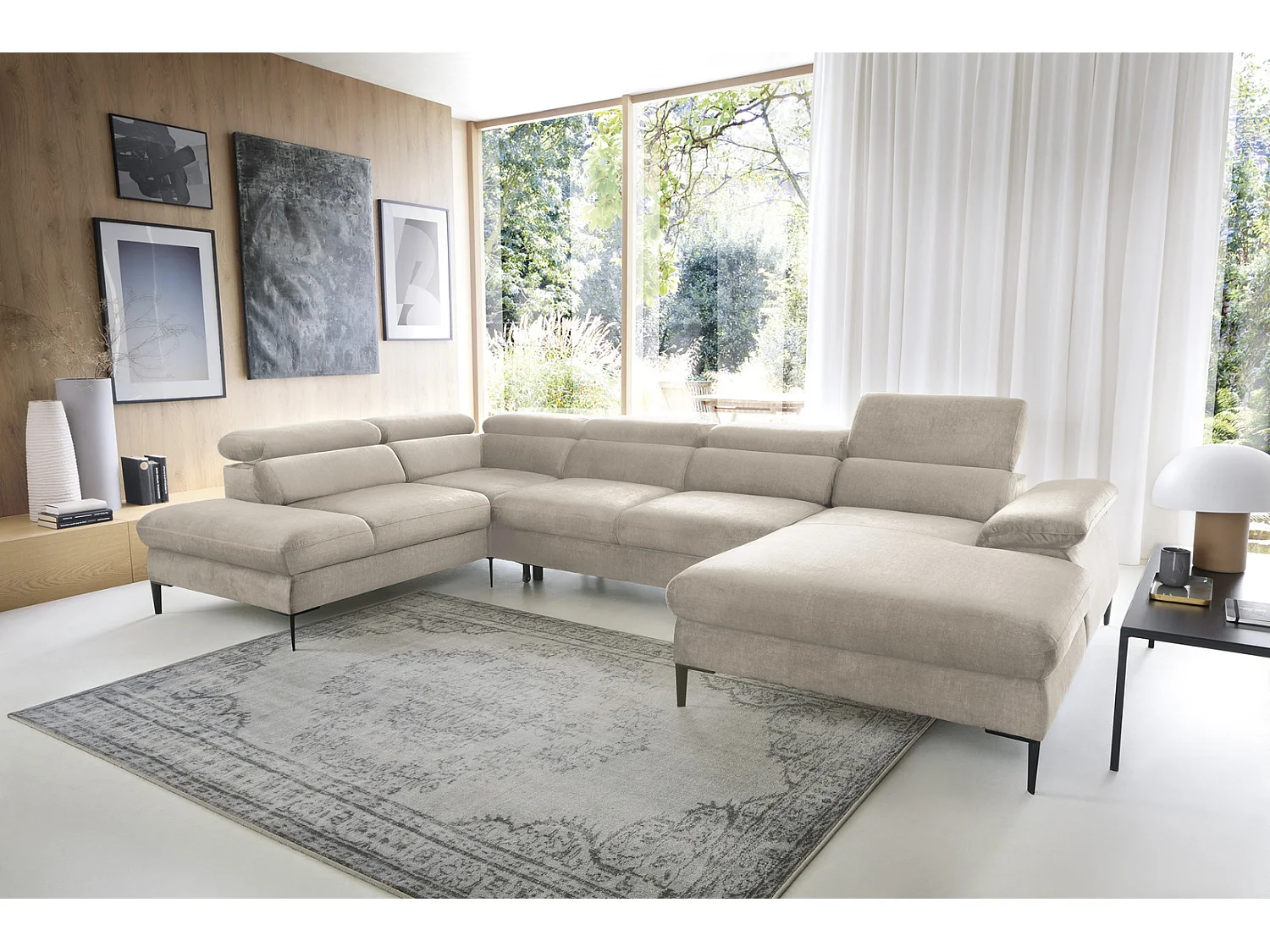 Canapé d'angle en U convertible 350 cm Amaro, tissu velours, têtières réglables - coffre, droite, Crème