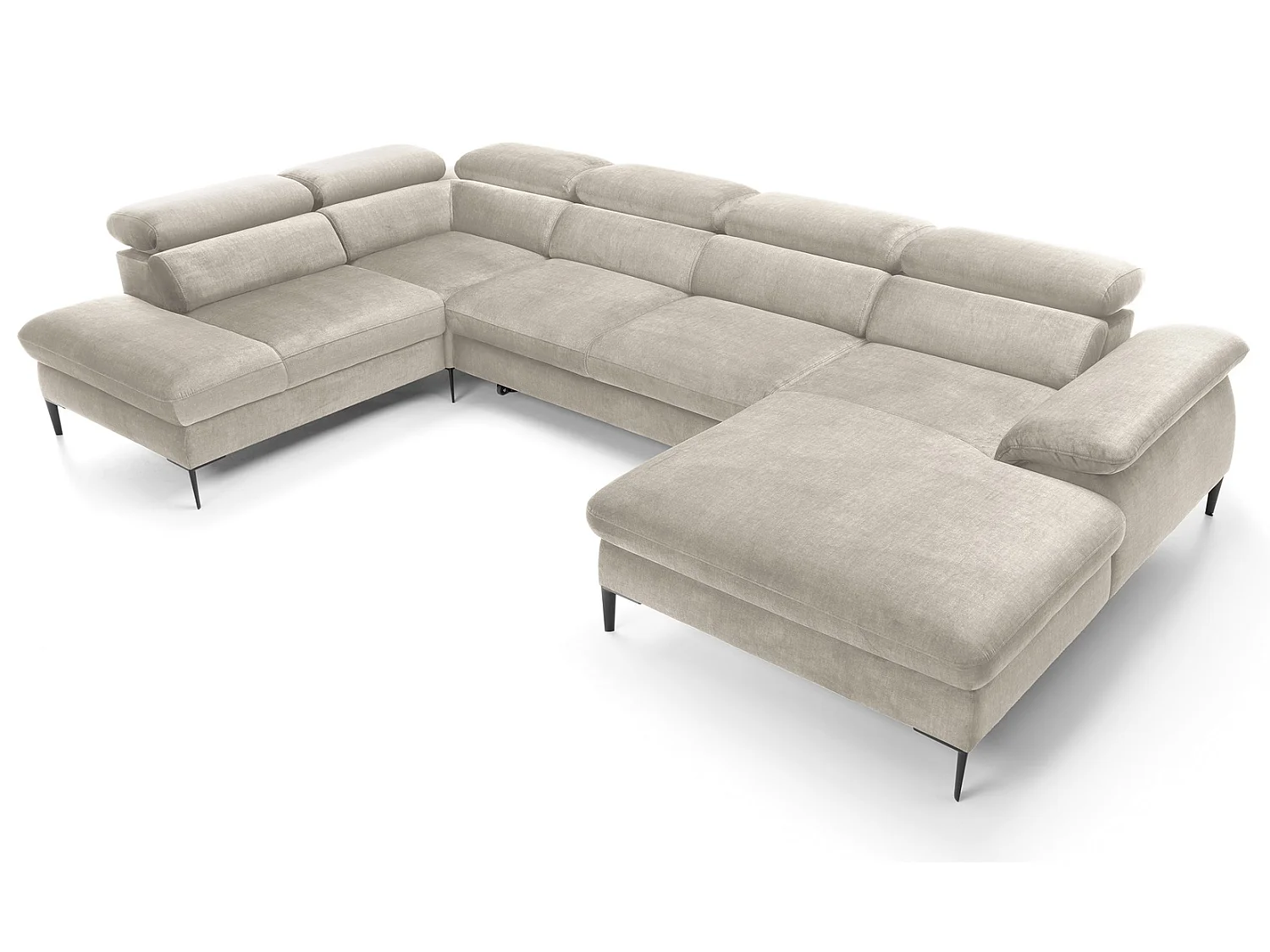 Canapé d'angle en U convertible 350 cm Amaro, tissu velours, têtières réglables - coffre, droite, Crème