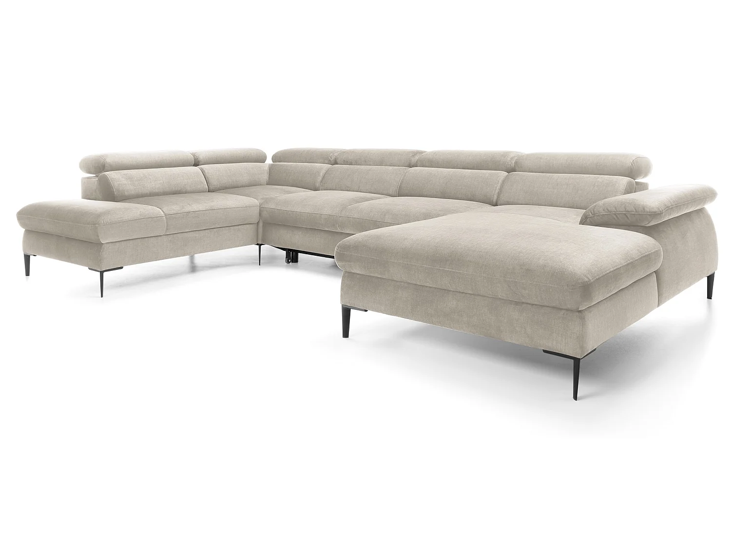 Canapé d'angle en U convertible 350 cm Amaro, tissu velours, têtières réglables - coffre, droite, Crème