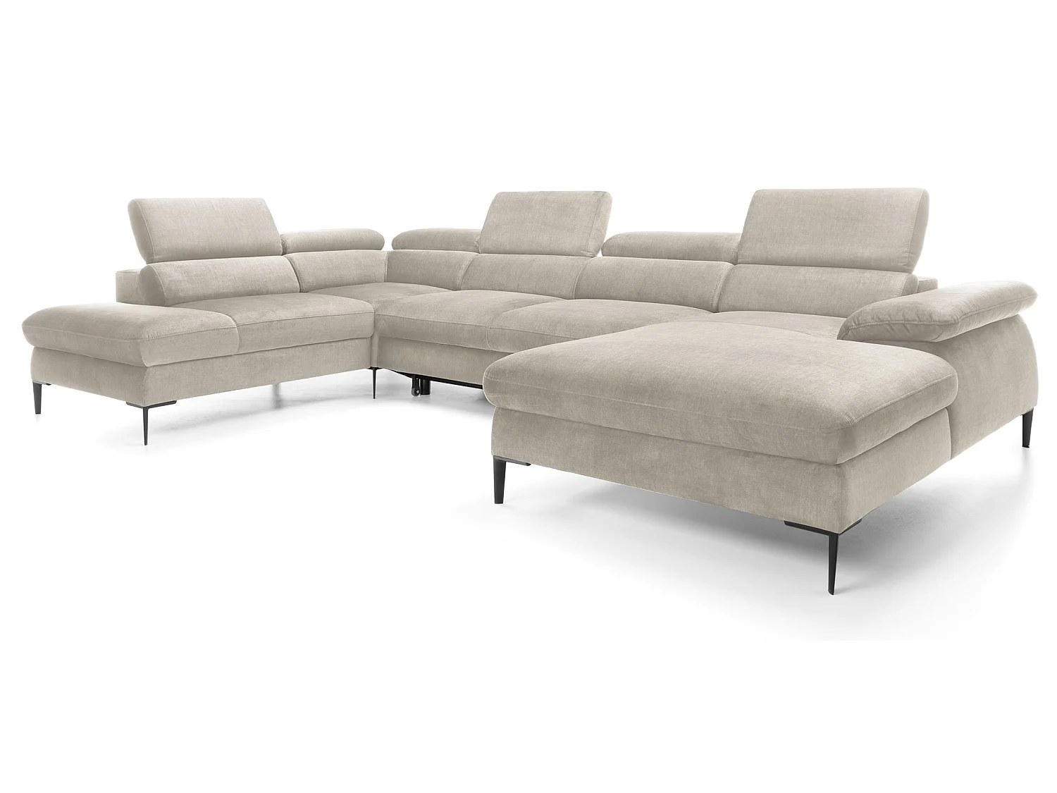 Canapé d'angle en U convertible 350 cm Amaro, tissu velours, têtières réglables - coffre, droite, Crème