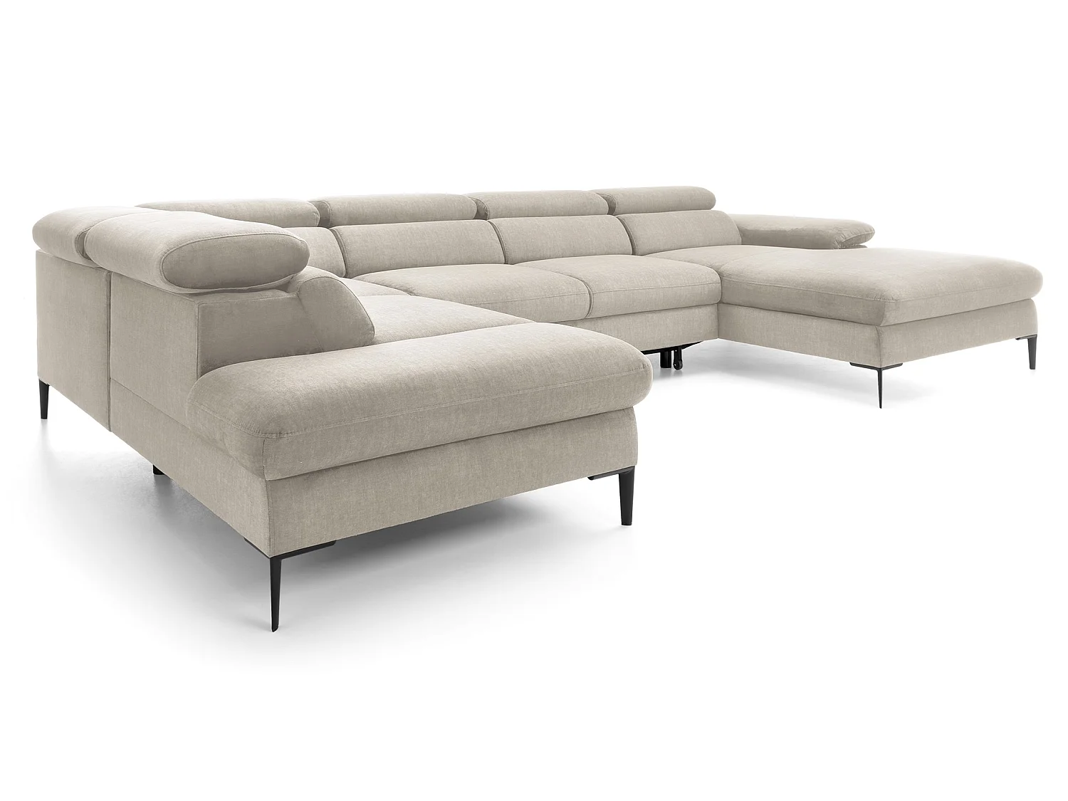 Canapé d'angle en U convertible 350 cm Amaro, tissu velours, têtières réglables - coffre, droite, Crème