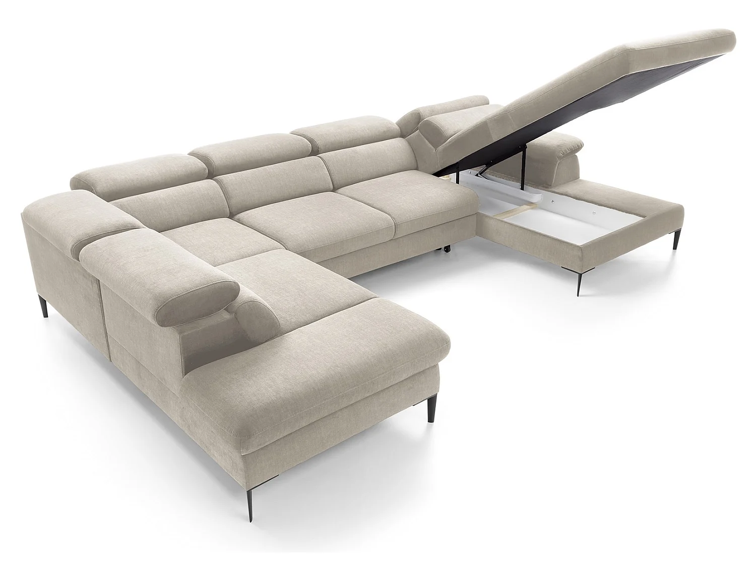 Canapé d'angle en U convertible 350 cm Amaro, tissu velours, têtières réglables - coffre, droite, Crème