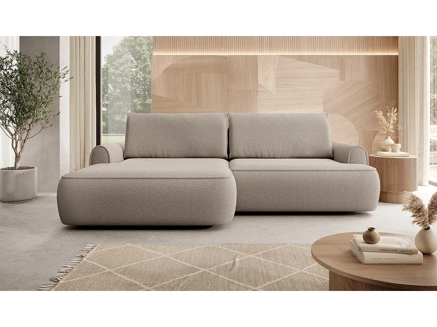 Canapé d'angle 250 cm Mareno, tissu bouclé, style moderne, coffre de rangement - canapé convertible gauche, Beige