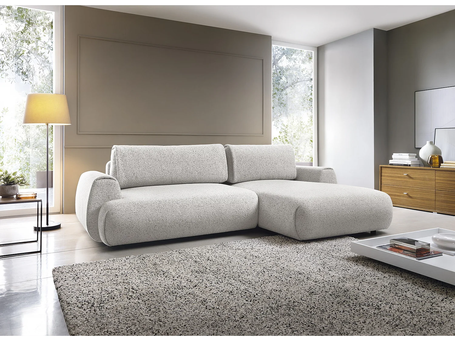 Canapé d'angle avec rangement 270 cm Ralto, style moderne, 5 places, droite, Gris clair