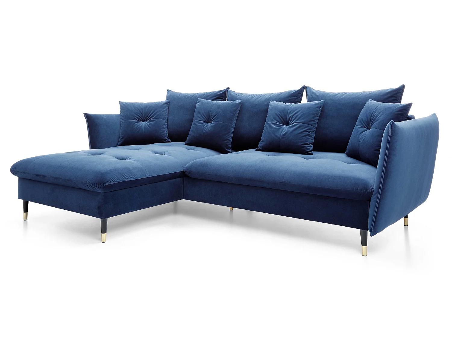 Hoekbank 258x167 cm Sagir op hoge poten, links, slaapfunctie en opbergruimte, Blauw