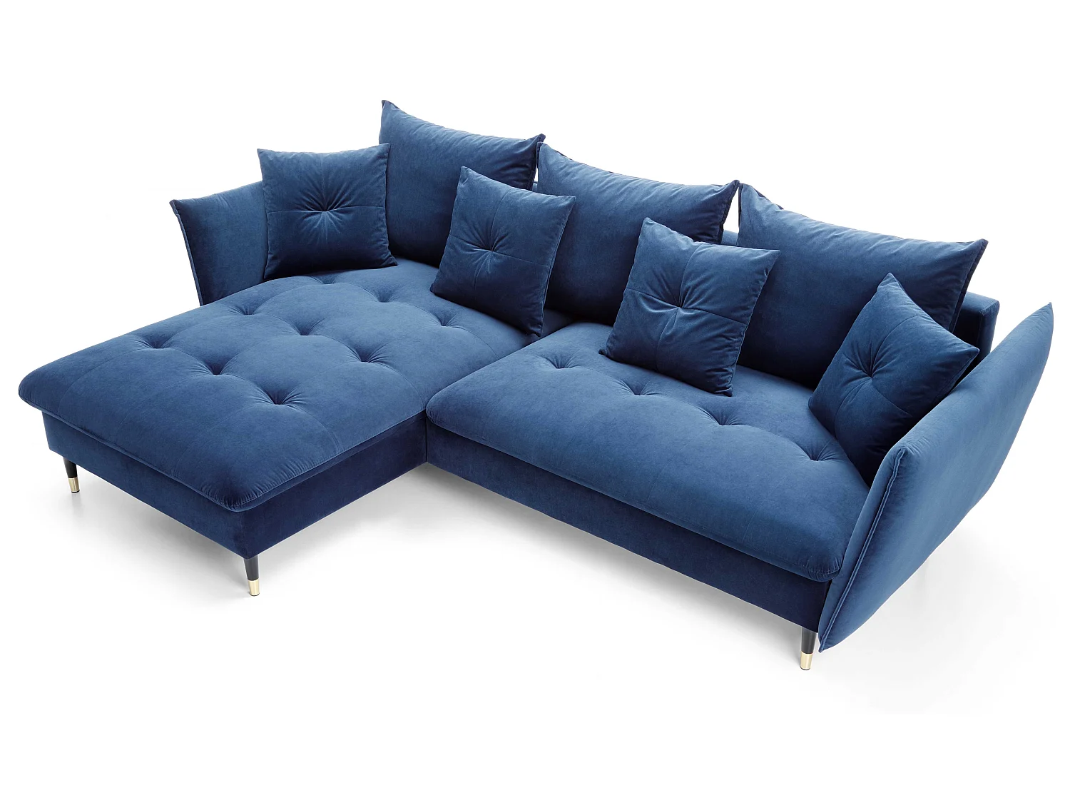 Hoekbank 258x167 cm Sagir op hoge poten, links, slaapfunctie en opbergruimte, Blauw