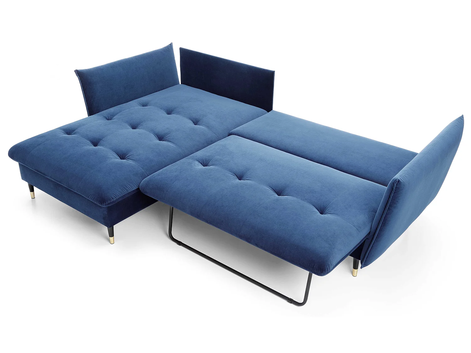 Hoekbank 258x167 cm Sagir op hoge poten, links, slaapfunctie en opbergruimte, Blauw