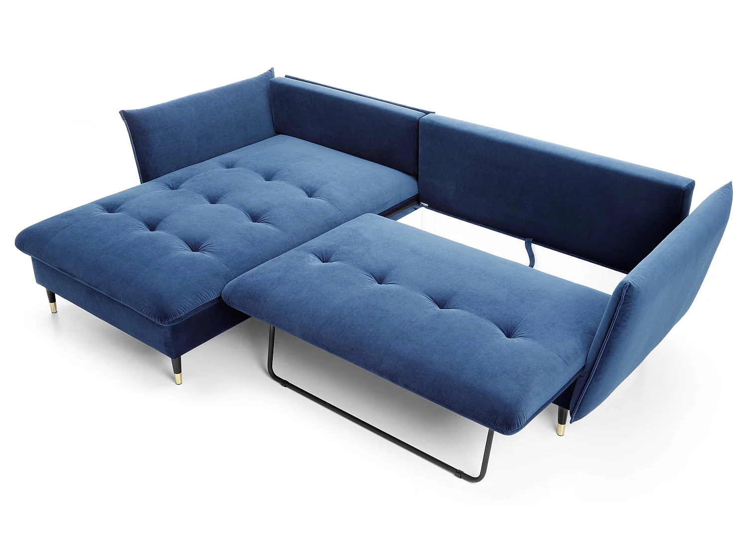 Hoekbank 258x167 cm Sagir op hoge poten, links, slaapfunctie en opbergruimte, Blauw