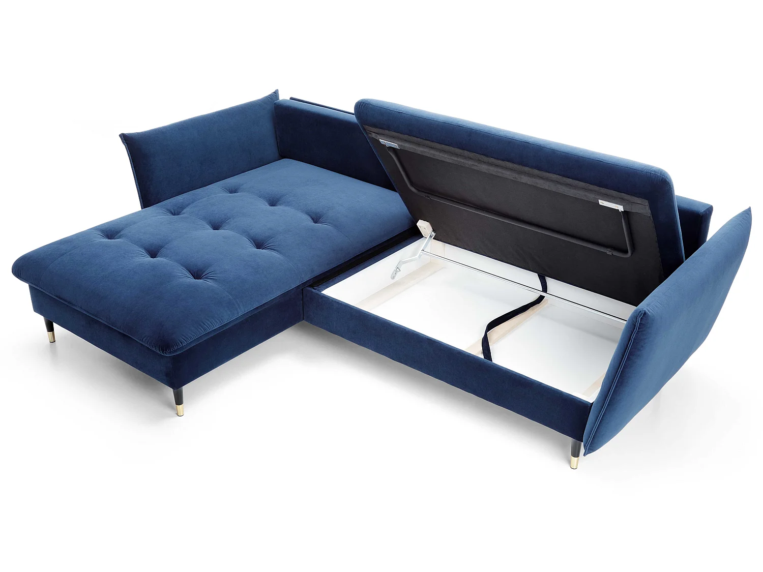 Hoekbank 258x167 cm Sagir op hoge poten, links, slaapfunctie en opbergruimte, Blauw