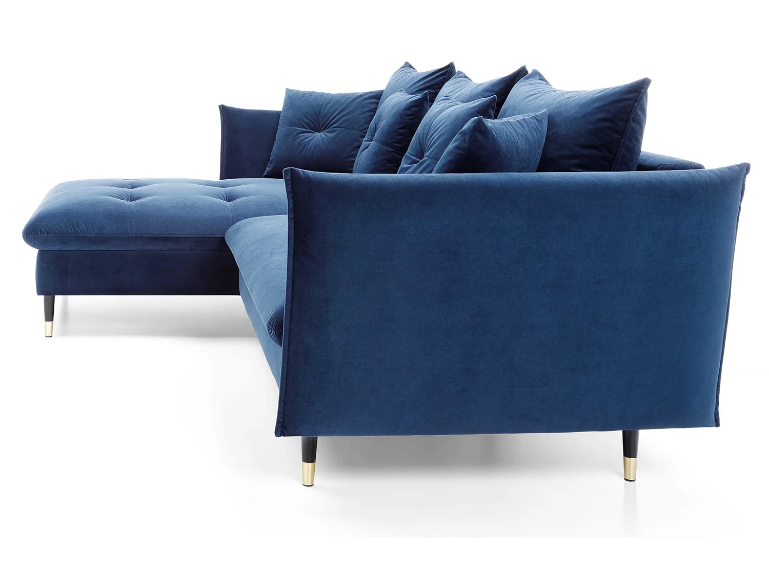 Hoekbank 258x167 cm Sagir op hoge poten, links, slaapfunctie en opbergruimte, Blauw